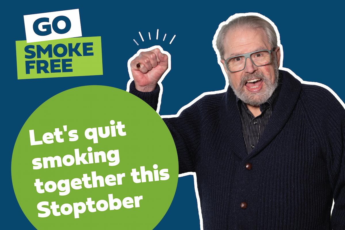 An older man celebrating with the text Let's quit smoking together this Stoptober